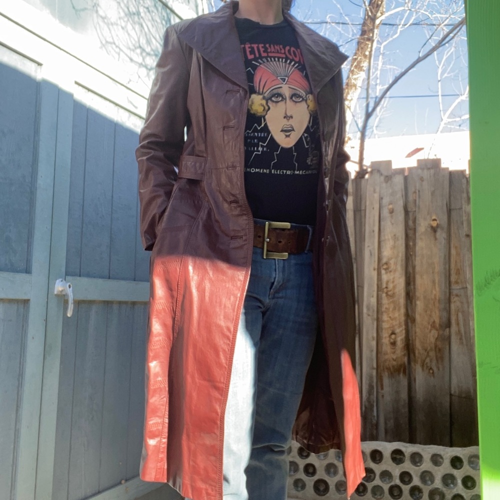 Vintage 60s burgundy leather trench coat, pockets, full length, buttons, S/M